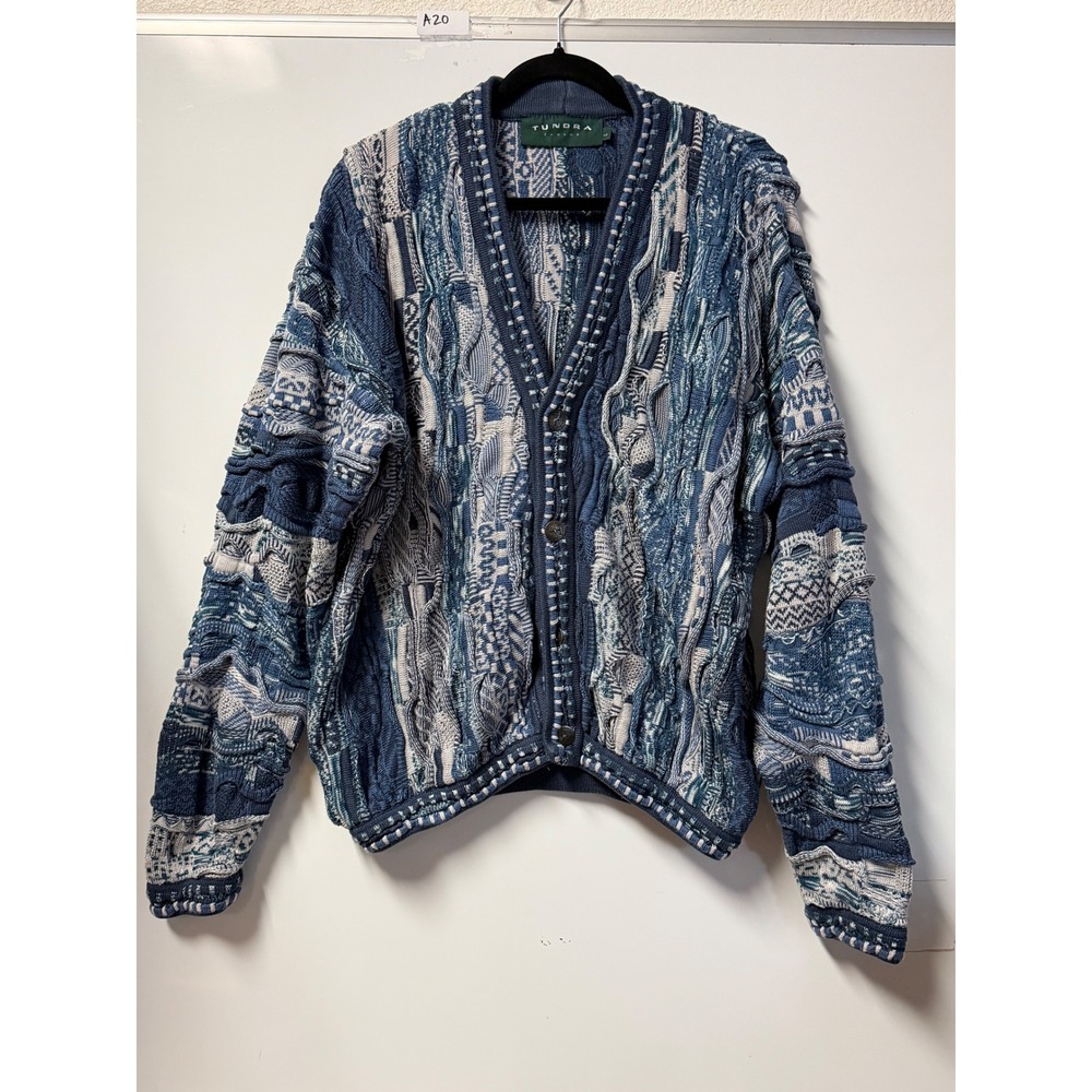 Tundra Canada Mens 3D Knit Cardigan Sweater Blue Mercerized Cotton Vintage Large